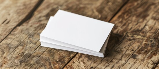 Poster - A wooden background complements a mockup showcasing white business cards perfect for branding identity in this copy space image