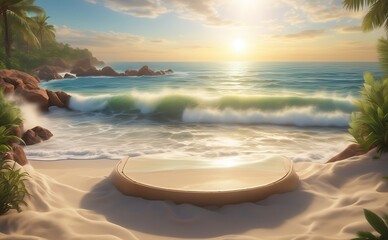 Wall Mural - Round podium on the beach with sunset background.