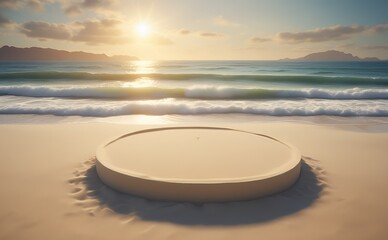 Wall Mural - Round podium on the beach with sunset background.