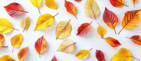 Wall Mural - Flat lay composition of yellow and red autumn leaves on a white background with copy space image Perfect for fall back to school themes