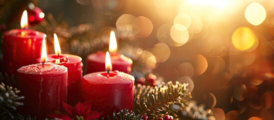 Aufkleber - A Christmas decoration featuring four red burning advent candles symbolizing the Catholic tradition The image is ideal for greeting card designs with copy space