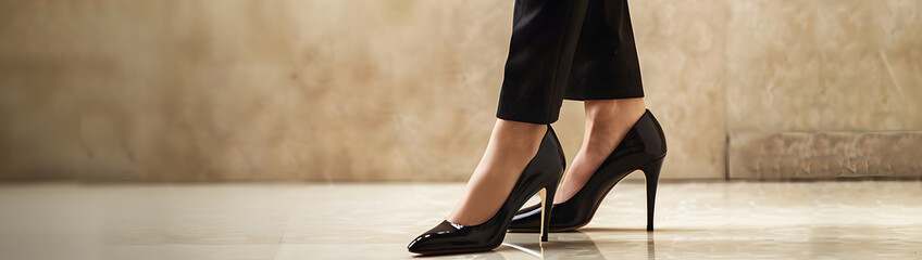 A sophisticated pair of black stiletto heels paired with sleek black trousers against a neutral beige background.