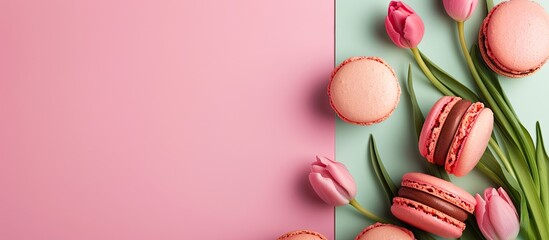 Aufkleber - International Women s Day greeting card alongside sweet macaroons displayed on a colorful background with copy space image