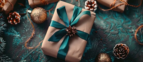 Poster - Top down view of a wrapped holiday gift in craft paper with a colored ribbon placed on a table with decorative elements around it providing copy space in the image