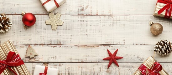Fototapete - Old white wooden background with Christmas gifts displayed featuring empty copy space image