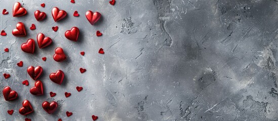 Poster - Valentine s Day themed flat lay with small red hearts on a gray background featuring copy space image