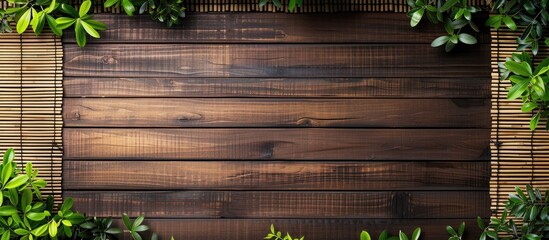 Poster - Wooden deck table with bamboo place mat featuring copy space image