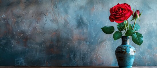 Poster - A red rose in a vase on a table accentuated by a blank copy space image