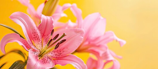 Aufkleber - A pink lily flower under yellow light with a blank background for text providing copy space in the image
