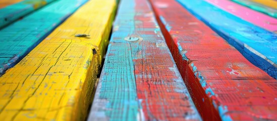 Aufkleber - Fragmented colorful paint covered pine wood boards create a background composition with a shallow depth of field ideal for a copy space image