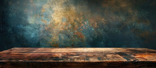 Poster - Wooden table on a textured grunge background ideal for use as a copy space image