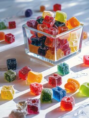 A bowl of colorful gummy bears arranged neatly on a table, ready for snacking