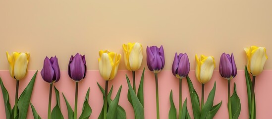 Poster - Yellow and purple tulips against a beige backdrop providing copy space image
