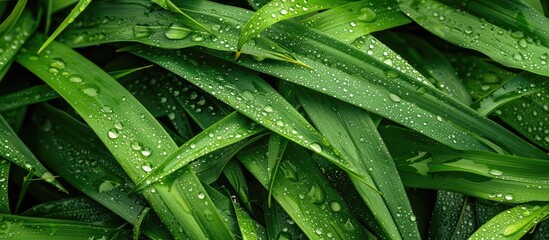 Aufkleber - Close up image of fresh vibrant green grass with dew drops providing copy space Lush green foliage with raindrops in rainy weather creating a textured background