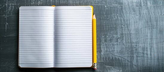 Leinwandbilder - Top down view of a school notebook with a yellow pencil suitable for office related concepts shown with copy space image