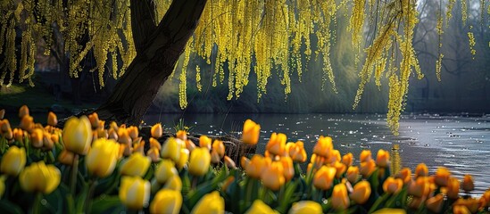 Poster - A serene scene featuring yellow tulips surrounding a willow tree with branches providing a picturesque copy space image