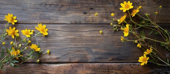 Poster - Top view of yellow flowers on a wooden surface with copy space image available for text or design elements
