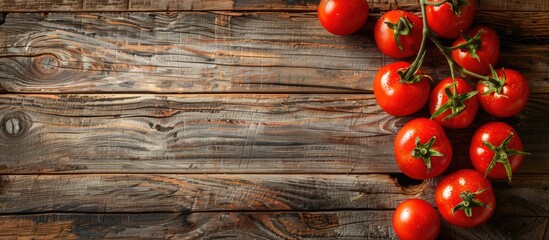 Various fresh tomatoes displayed on a rustic wooden background captured from above with empty space for text or other elements in the image. copy space available