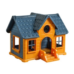 A colorful plastic toy house with a blue roof, orange walls, and a small porch.