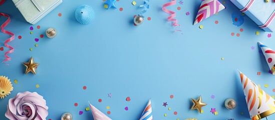 Poster - Flat lay abstract background with birthday party decorations like candles streamers hats and gift boxes offering a charming copy space image