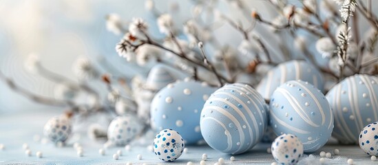 Poster - Close up image of blue and white Easter eggs on a light backdrop with room for copying