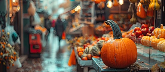 Wall Mural - Concept of fall feasts and markets with an orange pumpkin in a shopping setting featuring a thematic display with copy space image