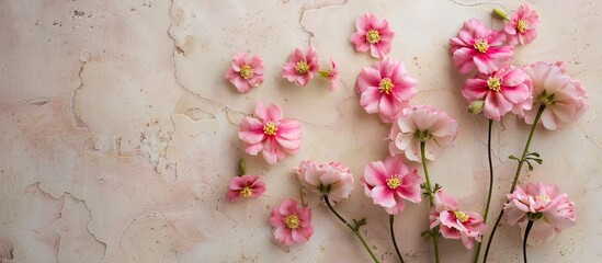 Wall Mural - Pink primula flowers against a beige backdrop in a flat lay setting with ample copy space image to add different texts reflecting the blooming of spring