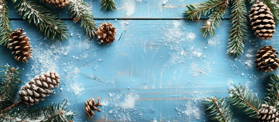 Fototapete - A winter Christmas themed backdrop featuring fir branches pine cones snow on a blue wooden surface creating a serene copy space image