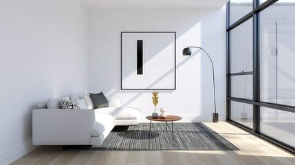 Wall Mural - A sleek modern living room with minimalist decor and large windows flooding the space with natural light highlighting clean lines and an open, airy atmosphere Illustration, Image, , Minimalism,