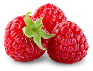 Wall Mural - Raspberry isolated png. Three raspberries on transparent background. PNG format. Red raspberry with leaf. No background. Full depth of field.