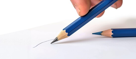 Aufkleber - Hand holding a blue pencil writing on a white background with copy space image