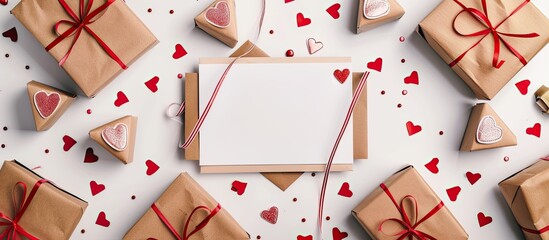 Poster - Top view of Valentine s day greeting card surrounded by gift boxes and hearts on a white backdrop with copy space image