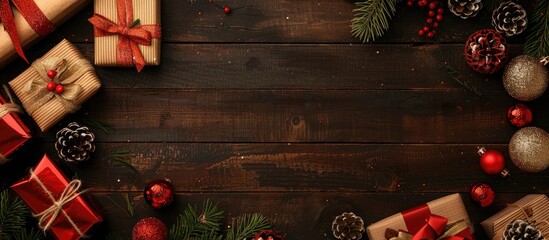Aufkleber - Top down view of a rustic background with Christmas gifts decorations and copy space image for New Year s holiday family traditions