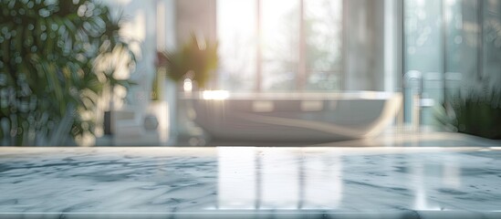 Aufkleber - Marble table with unoccupied surface against a blurry bathroom as the copy space image
