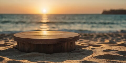 Wall Mural - Wooden round podium on the sand near the sea at sunset. 