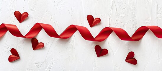 Poster - Red ribbon with heart designs on a white backdrop perfect for a copy space image
