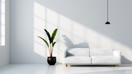 Wall Mural - A modern living room with a minimalist sofa and a large window providing an abundance of natural light and a sense of openness Illustration, Image, , Minimalism,