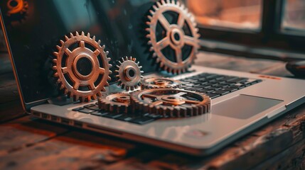 Poster - laptop computer with cogwheel gears on white desk, representing modern technology, innovation, and e
