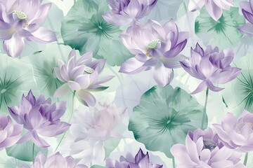 Minimalist Garden Aesthetic, Lavender and Mint Green Lotus, Seamless Pattern with Flowers and Leaves. Hand Drawn Background. Floral Pattern for Wallpaper, Fabric, Textile, Fashion, Print