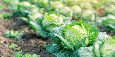 Wall Mural - Field of fresh green cabbage plants growing in the garden.	
