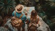 © Lubos Chlubny - Travelers with backpacks reading a map in a lush tropical setting