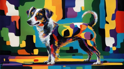 Canvas Print - A painting of a dog standing in front of colorful abstract shapes, AI