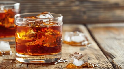 Whiskey cocktail with ice on a wooden table