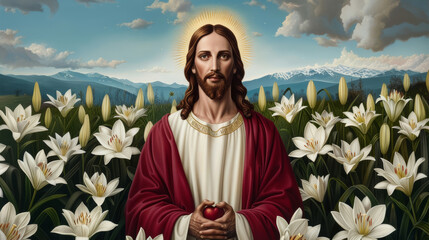 Canvas Print - '' Jesus Christ with a glowing heart standing in a field of lilies blue sky background 