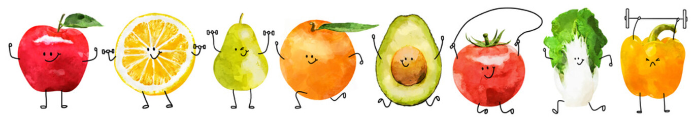 Wall Mural - Fruit character watercolor png cut out element set