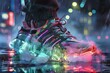 © nsit0108 - Close up of a futuristic sneaker with neon lights, illuminating a rainy city street