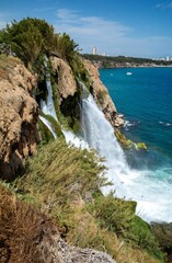 Sticker - Vertical view of Duden Waterfalls cascading into the Mediterranean in Antalya, Turkey