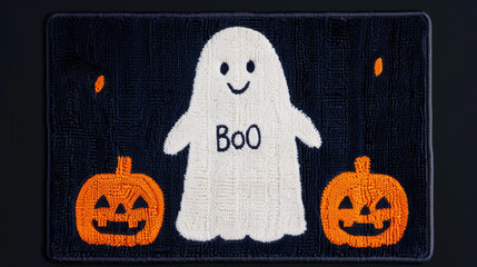 Wall Mural - A spooky Halloween doormat with a black background, decorated with a white ghost saying Boo and orange pumpkins, perfect for a festive porch 