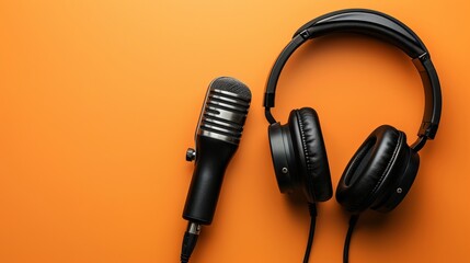 Wall Mural - Directly above view of headphones and recording microphone on vibrant orange background, perfect for podcasting concepts, audio recording, broadcasting, and media production themes