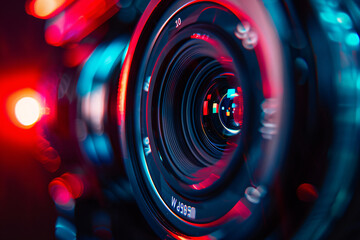 Close-up of video camera lens with red and blue lights, macro photography. Abstract background for design.